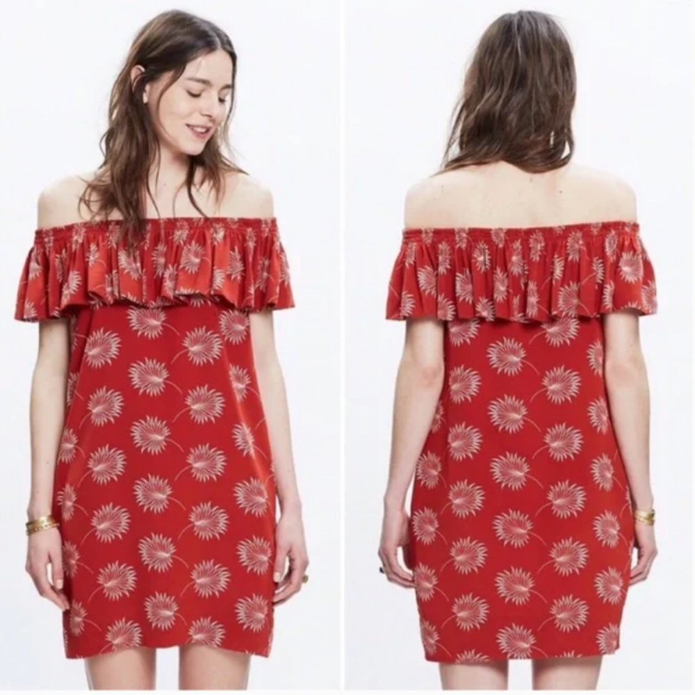 Madewell 100% Silk Red Palmflower Pattern Off The Shoulder Dress, Size L